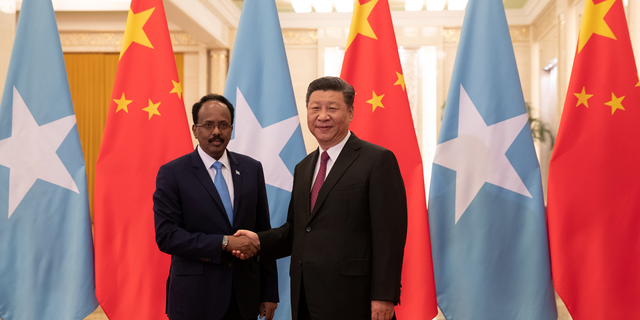 China's President Xi Jinping meets former Somali President Mohamed Abdullahi Mohamed at the Great Hall of the People in Beijing, China, Aug. 31, 2018.