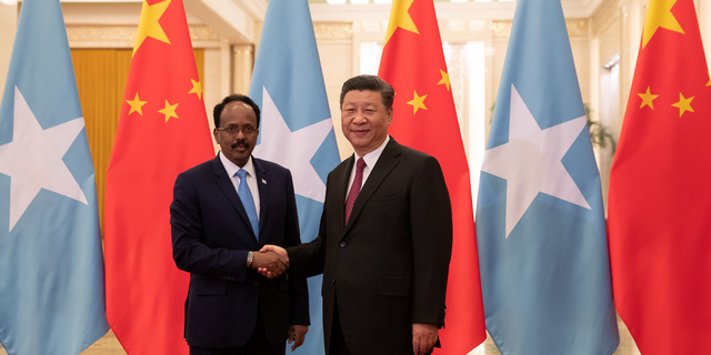 China's President Xi Jinping meets former Somali President Mohamed Abdullahi Mohamed at the Great Hall of the People in Beijing, China, Aug. 31, 2018.