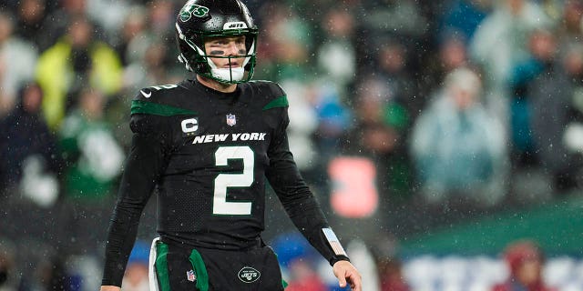 Zach Wilson #2 of the New York Jets walks to the sideline against the Jacksonville Jaguars during the first half at MetLife Stadium on December 22, 2022, in East Rutherford, New Jersey.