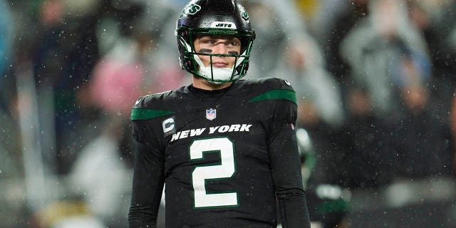 Zach Wilson #2 of the New York Jets looks towards the sideline against the Jacksonville Jaguars during the first half at MetLife Stadium on December 22, 2022, in East Rutherford, New Jersey.