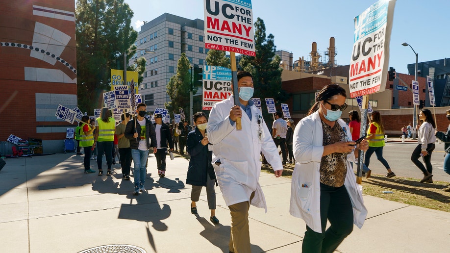 Higher education protesters carry signs during strike