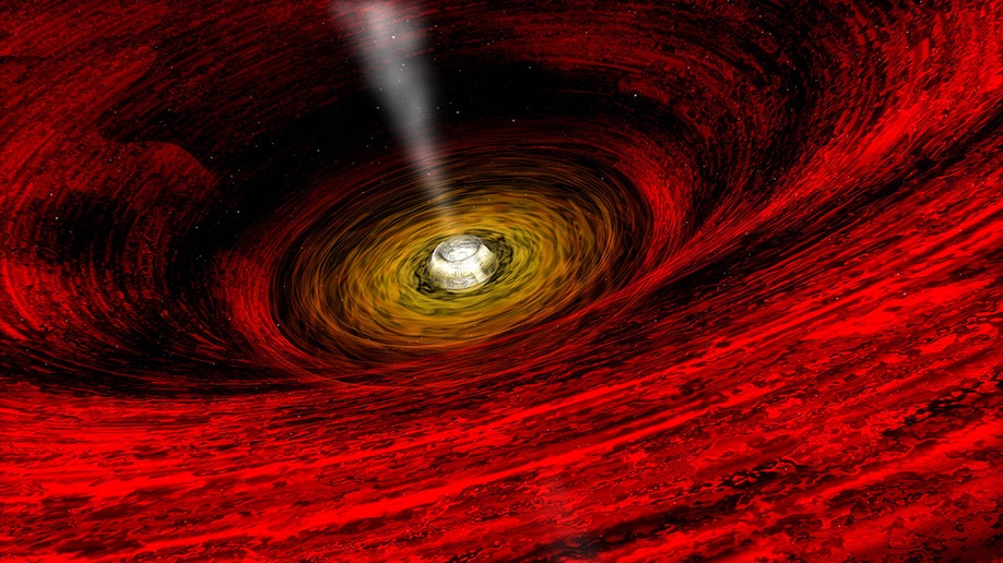 A photo illustration of a red black hole