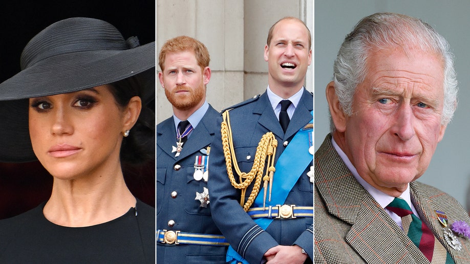 Meghan Markle in a black dress and black hat split Prince Harry and William on the balcony in their royal blue military uniforms split King Charles in a grey/brown suit