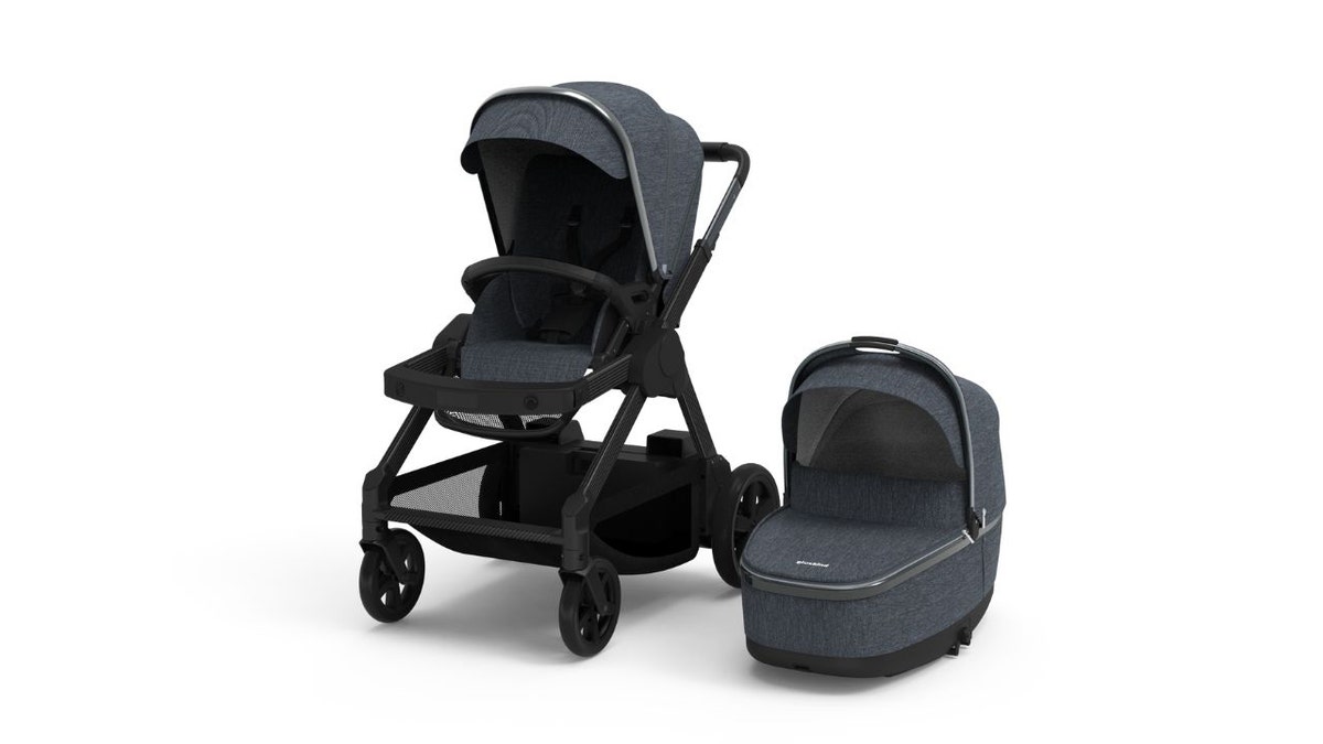 Black stroller with white background