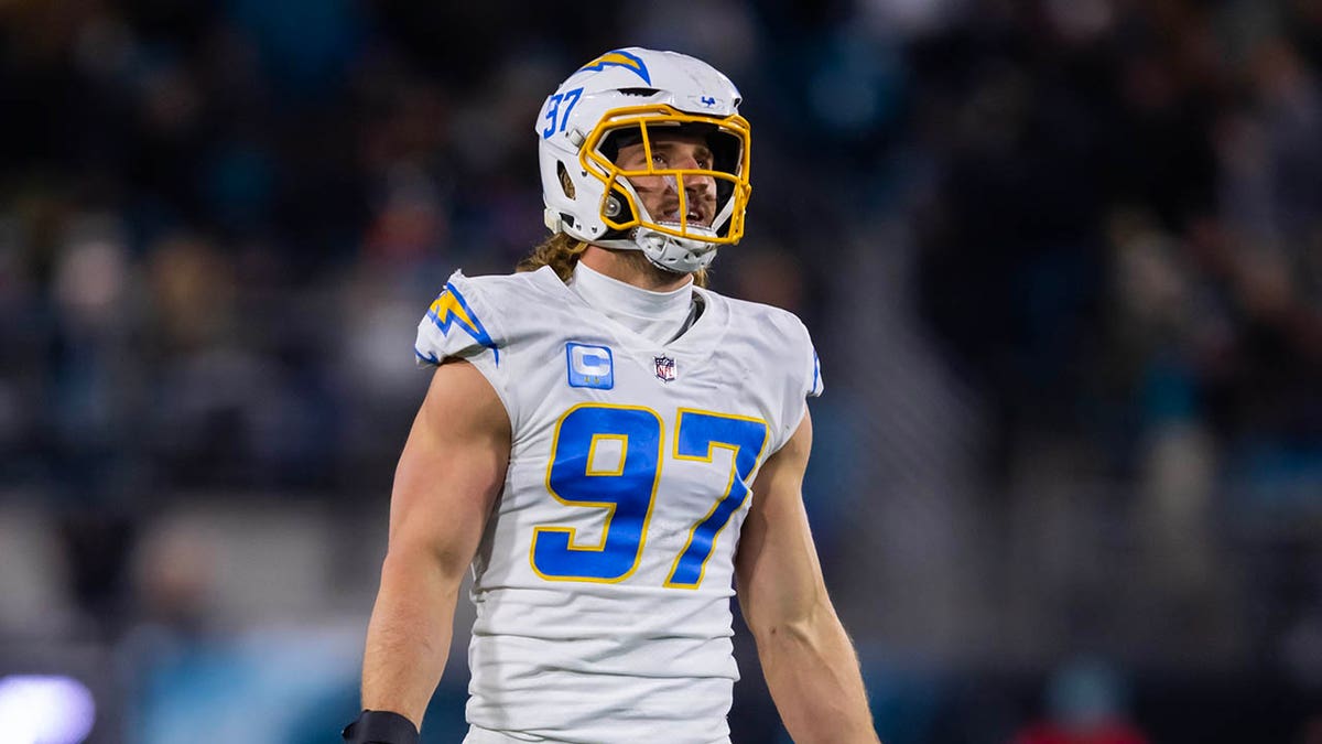 Joey Bosa reacts during a game against the Jaguars