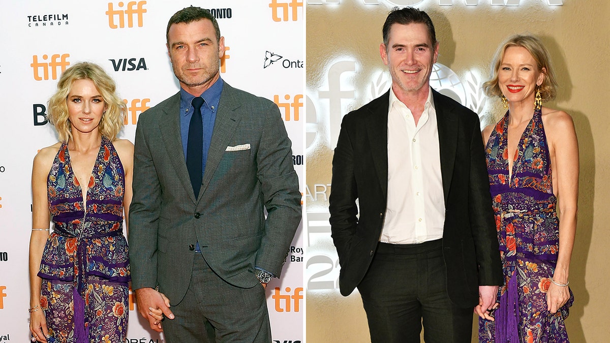 Naomi Watts in a long purple bohemian patterned dress holds hands with former partner Liev Schreiber in a gray suit split Billy Crudup in a black suit and white shirt holds hands with Naomi Watts in the same purple dress, years later