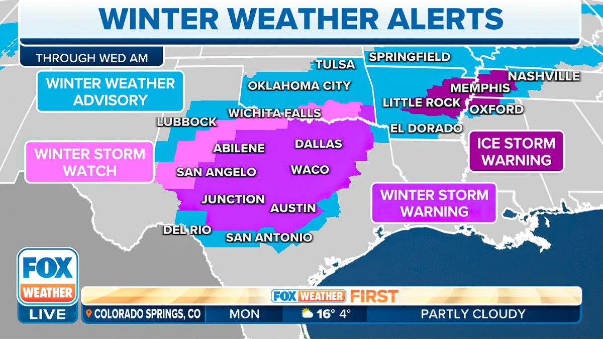 Fox Weather map showing winter weather alerts