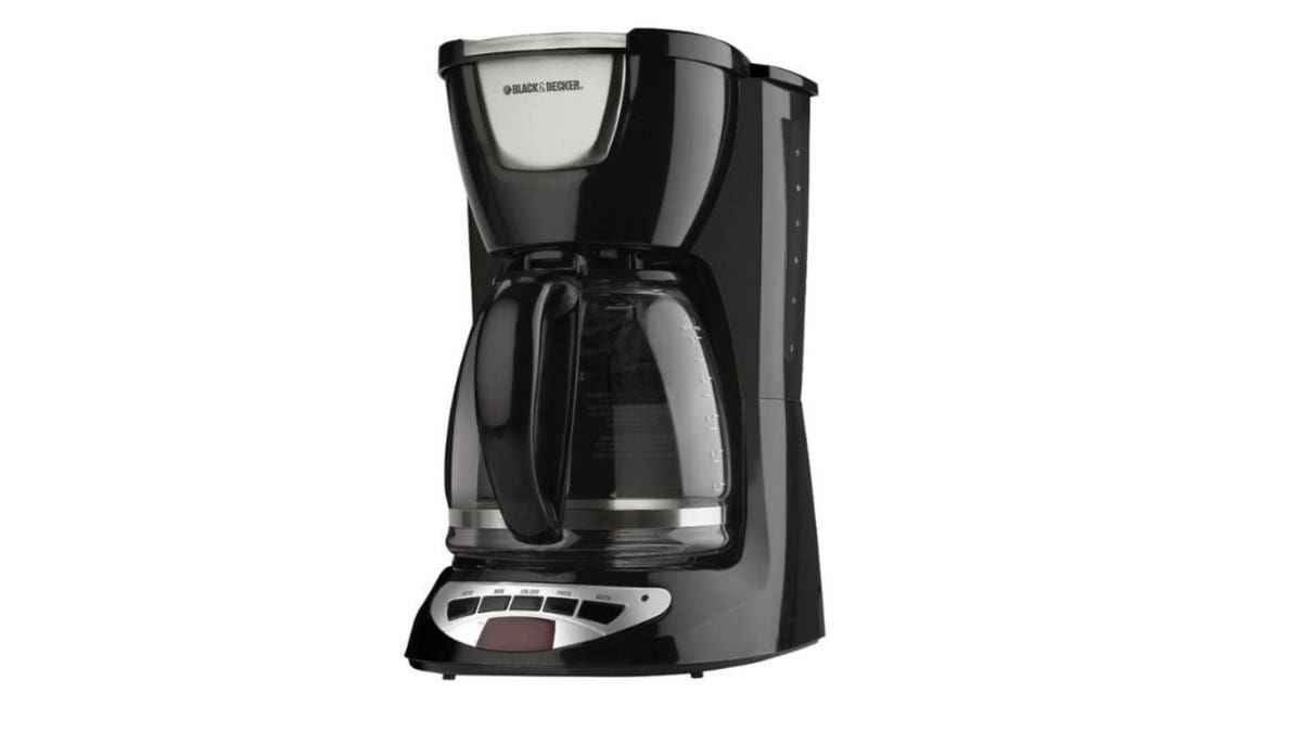 Photo of a black and silver programmable coffee maker.