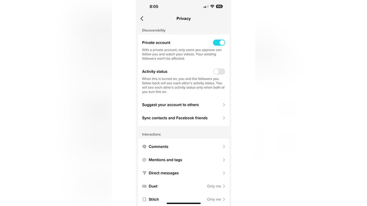 Screenshot of the settings screen on TikTok.