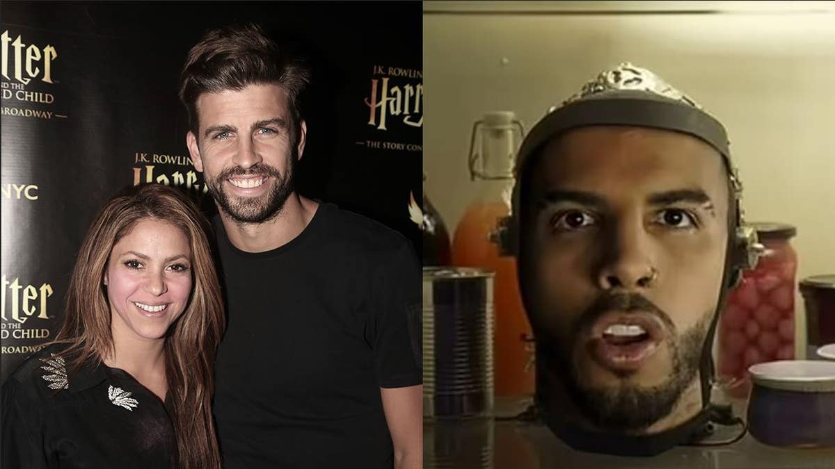 A split of Shakira with ex Gerard Pique and a still from her music video of Ruaw Alejandro's head in a fridge