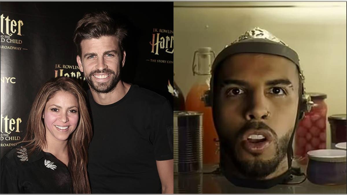 A split of Shakira with ex Gerard Pique and a still from her music video of Ruaw Alejandro's head in a fridge