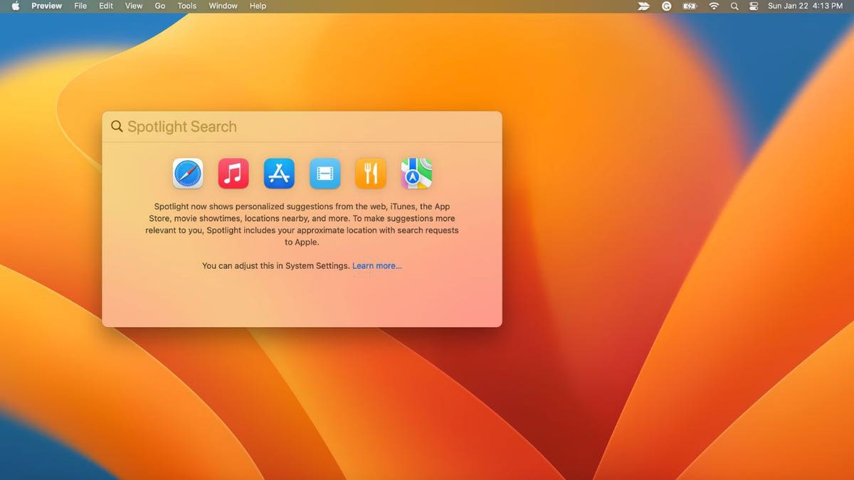 Screenshot of the Spotlight search box on a Mac computer.