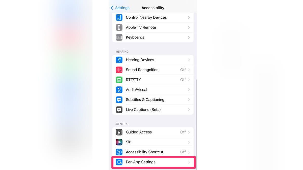 Screenshot of the Accessibility screen per app settings