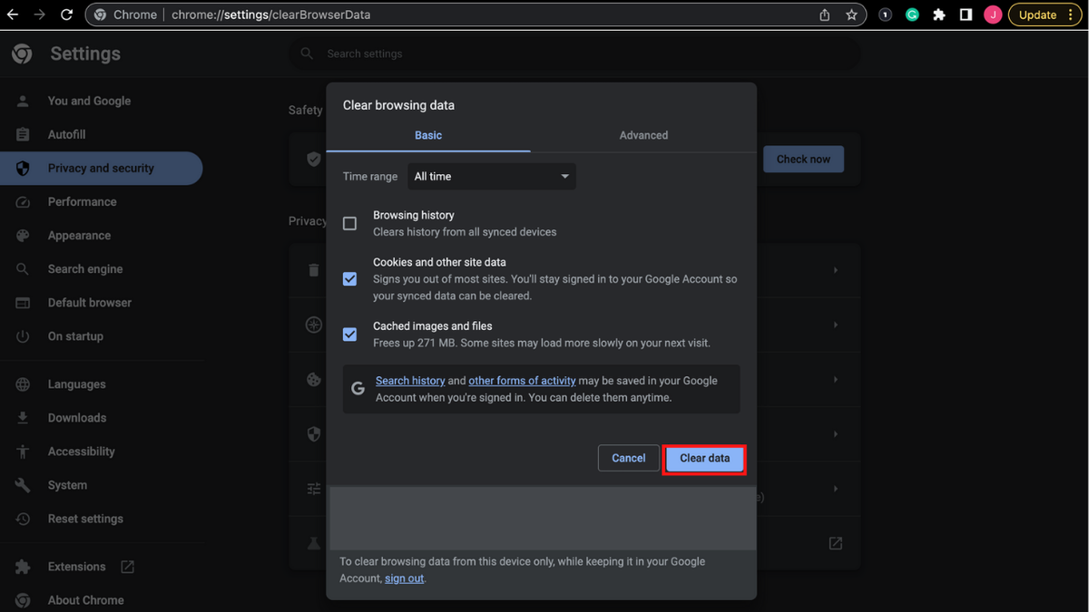 Instructions to clear cache and cookies