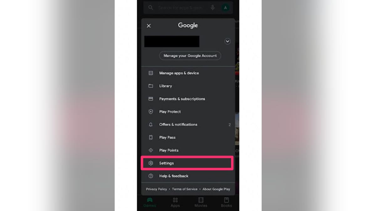 Screenshot of the settings screen on the Google Play app.