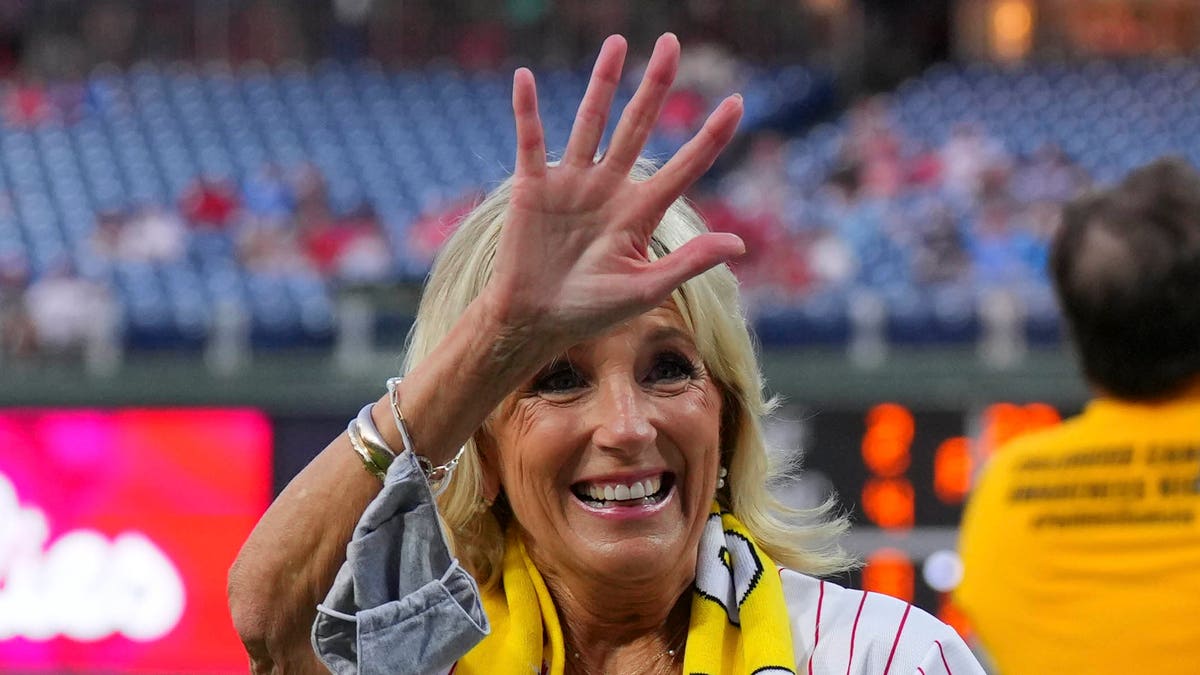 Jill Biden waves at Phillies game
