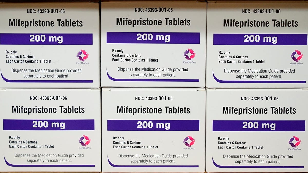 Abortion pill, Mifepristone, in boxes on a shelf