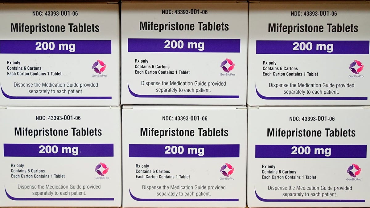 Abortion pill Mifepristone in boxes displayed on shelf