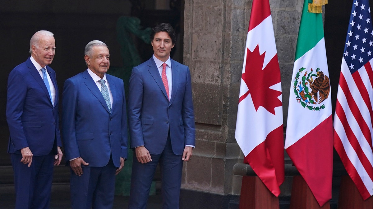 The three leaders next to the Canada, Mexico and US flags