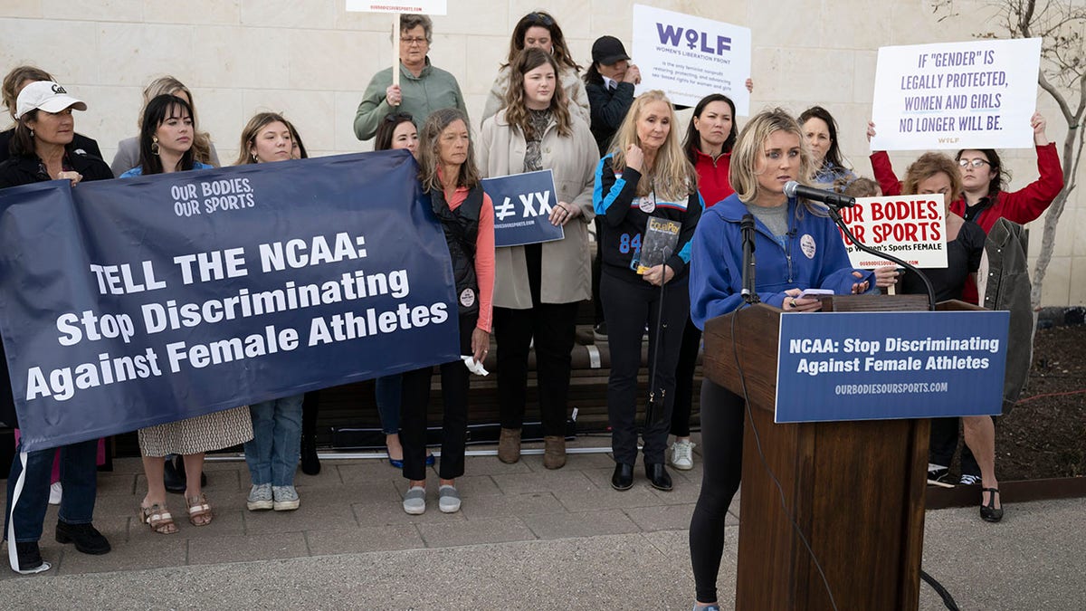 Riley Gaines speaks outside NCAA Convention