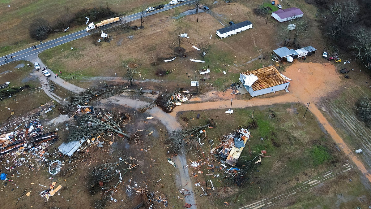 A photo of tornado-caused damage to a home