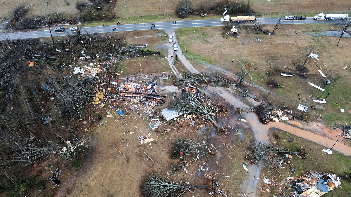 Several destroyed buildings and debris