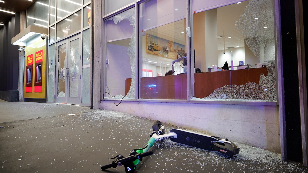 Broken windows at a Wells Fargo