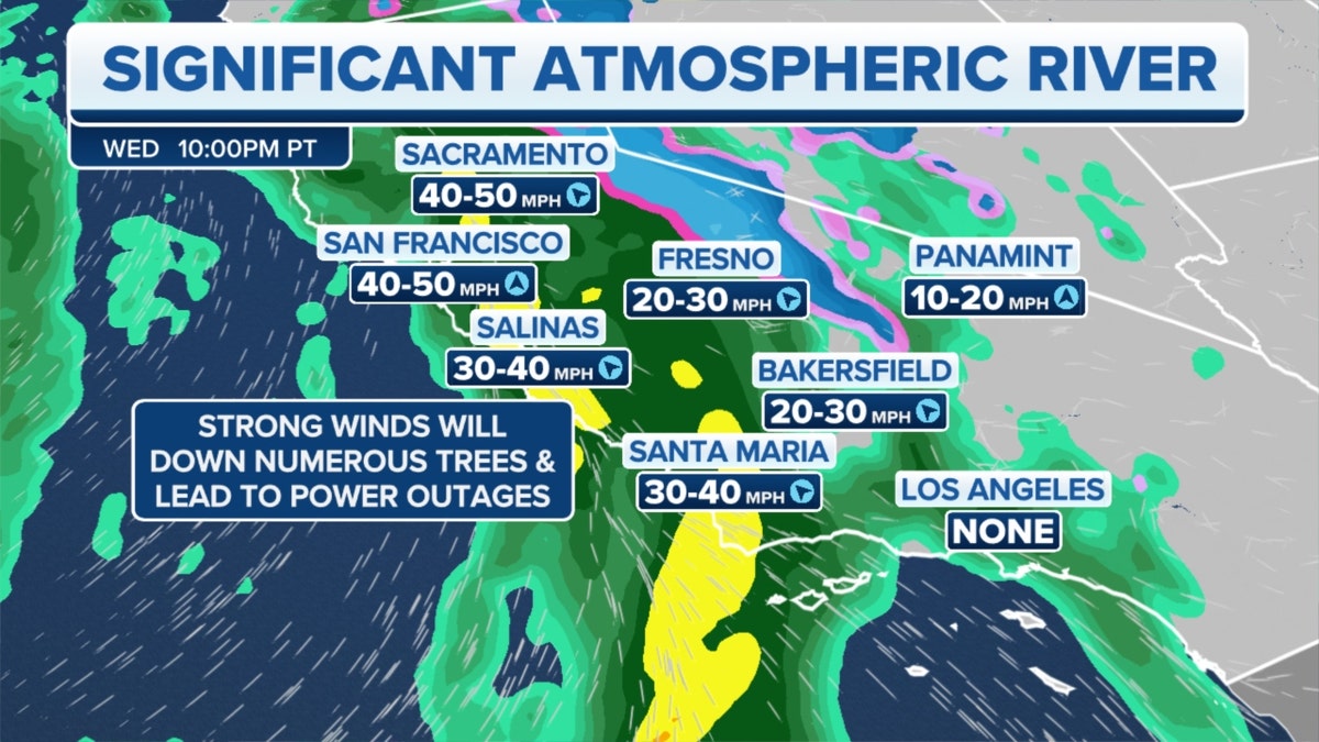 A map of the atmospheric river's impact on California on Wednesday