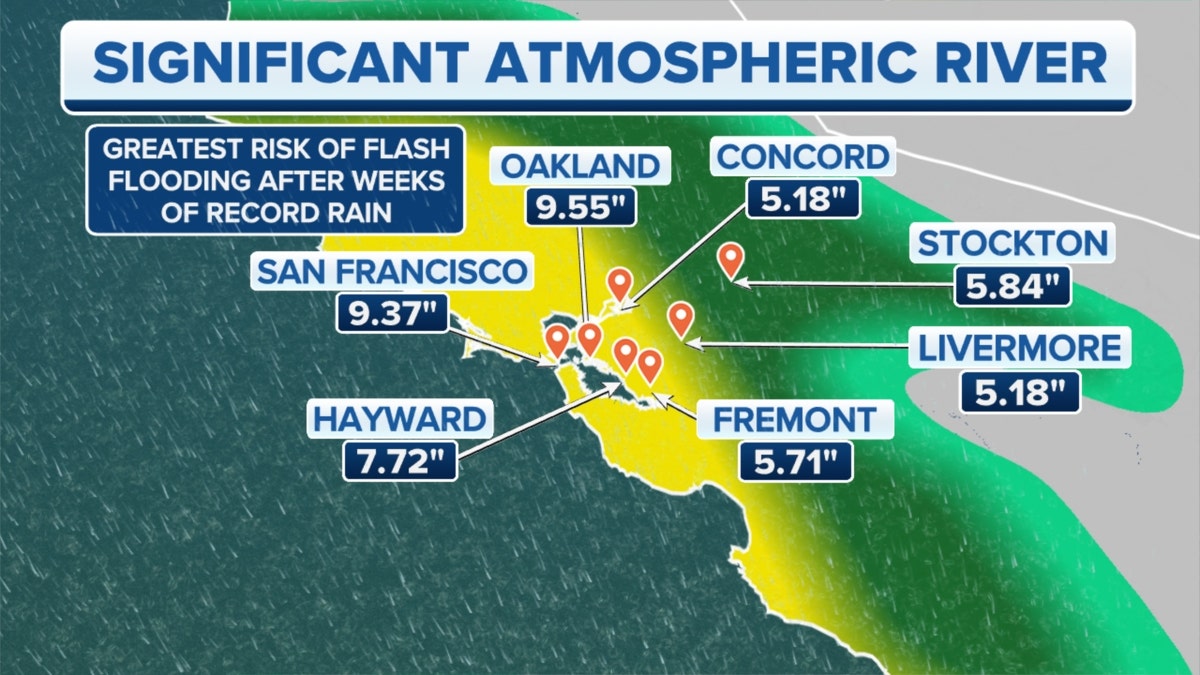 A map showing the atmospheric river in the Bay Area