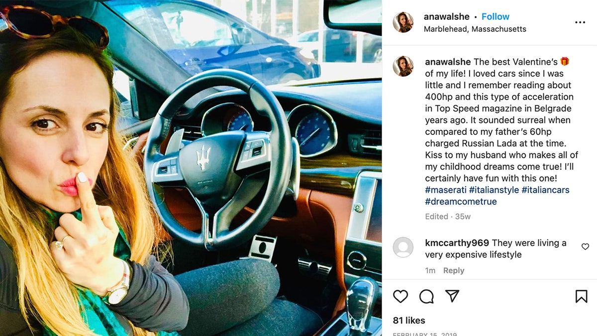 Ana Walshe sitting in the driver's seat of a Maserati