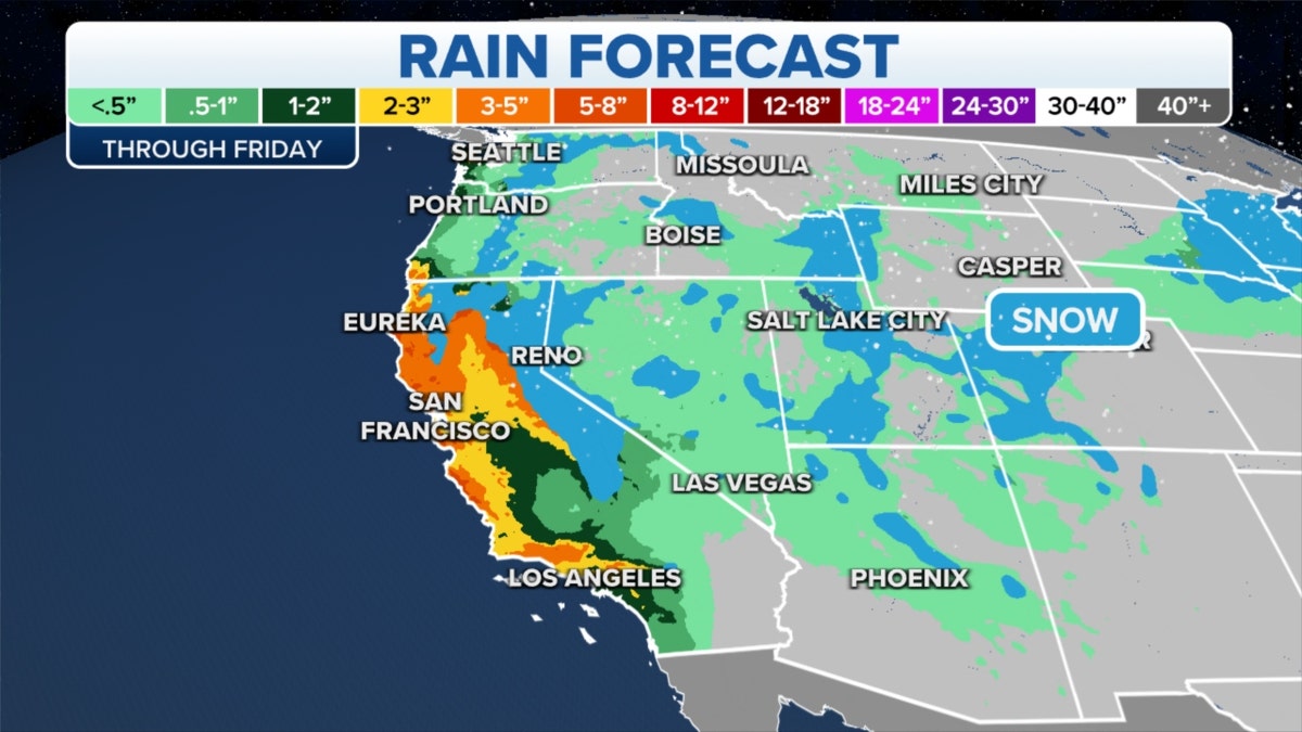 A map of rain forecast across California, the West Coast