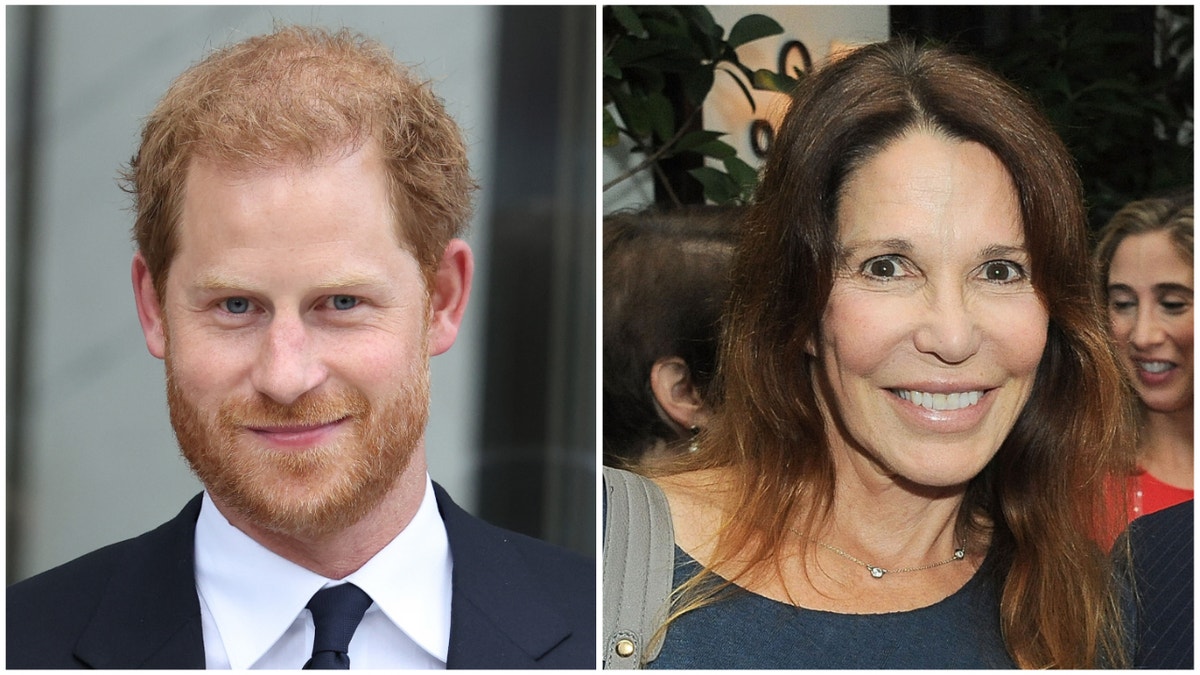 Prince Harry in a dark suit and tie split Patti Davis smiles in a dark blue shirt and shoulder bag