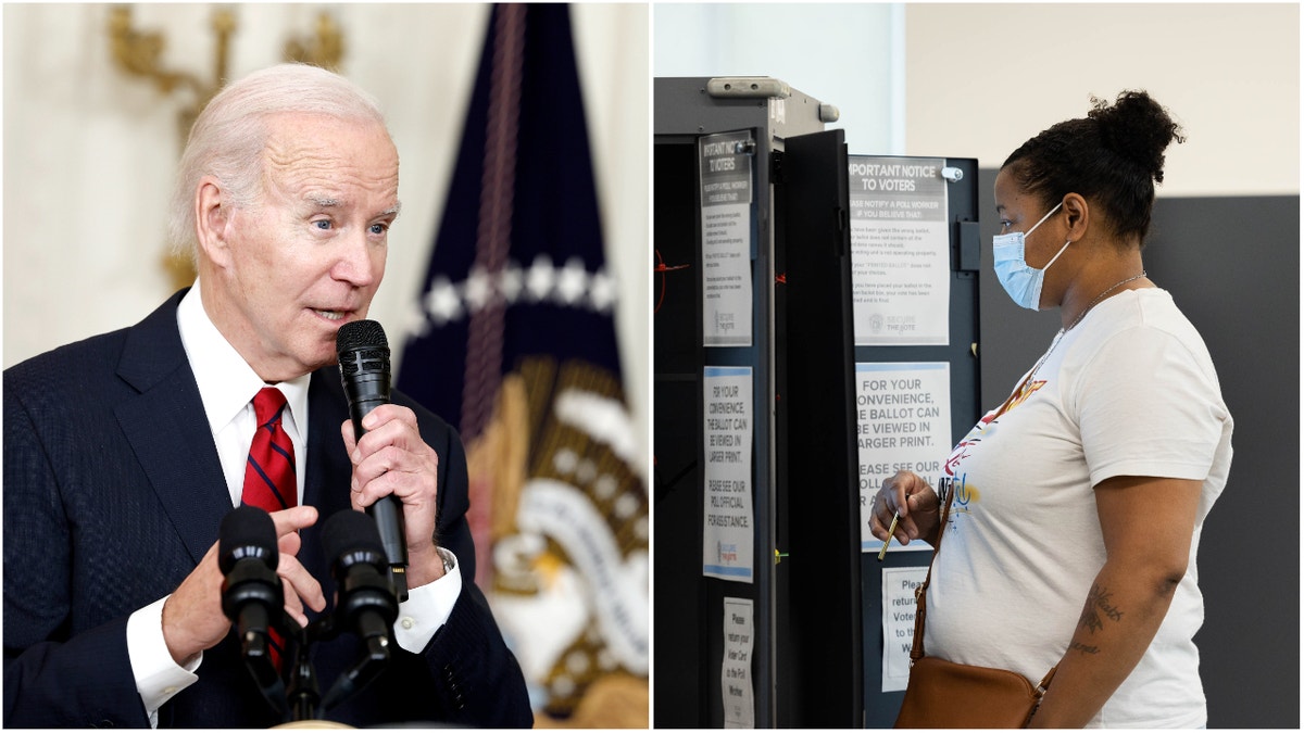 An image of Joe Biden side by side with a voter filling a ballot 