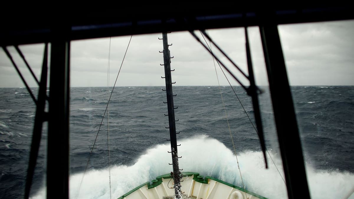 Drake Passage rough seas seen from inside ship