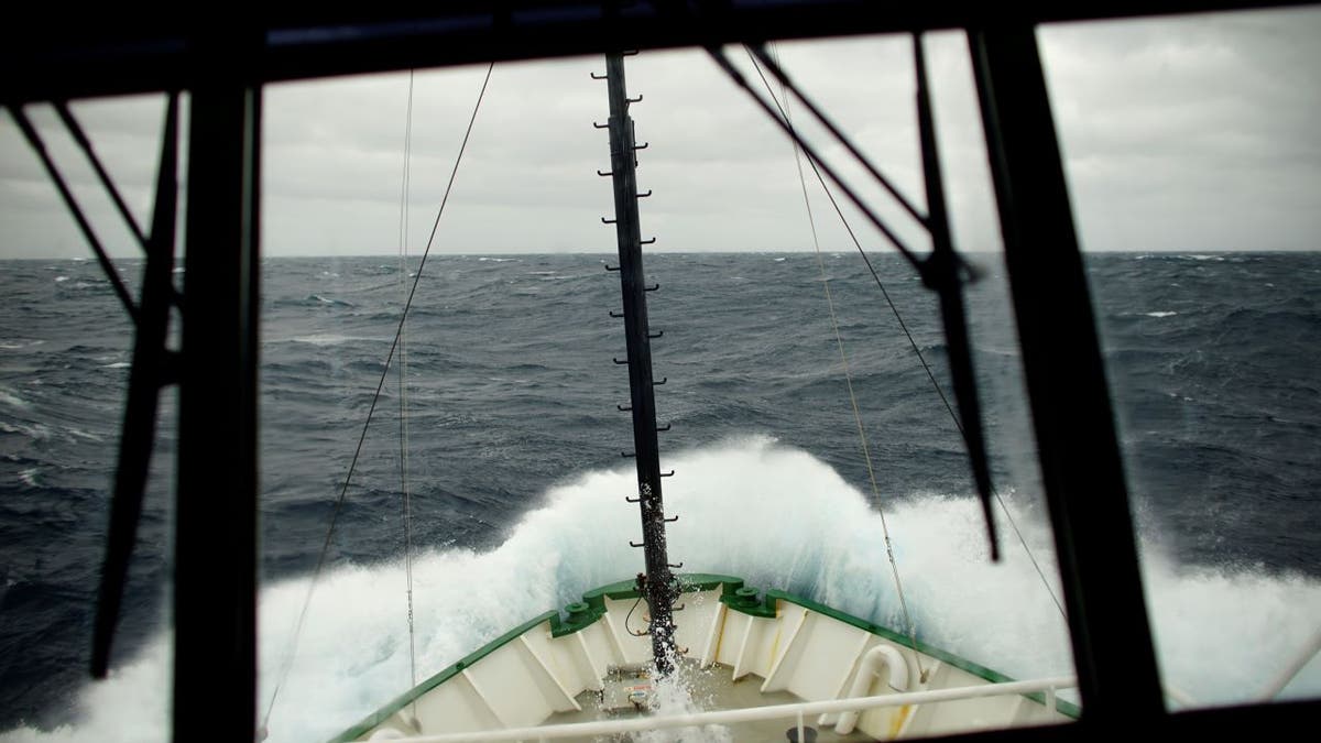 Drake Passage rough seas seen from inside ship