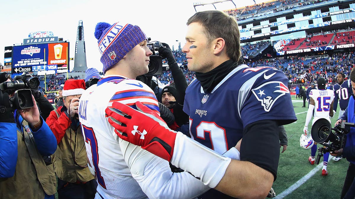 Josh Allen and Tom Brady shake hands after a game in 2018