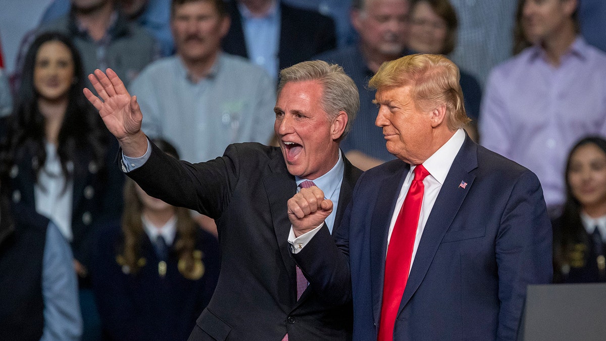 FILE - House Minority Leader Kevin McCarthy and U.S. President Donald Trump attend a legislation signing rally with local farmers on February 19, 2020, in Bakersfield, California.
