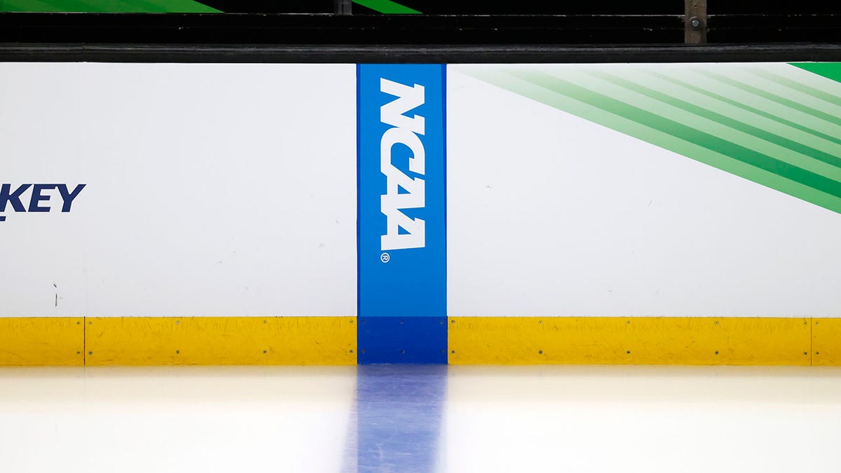 The NCAA logo at the Frozen Four