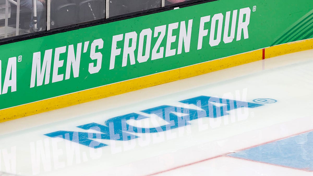 The NCAA logo on the ice