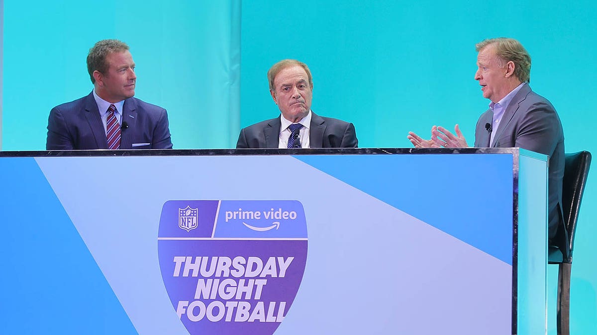 Kirk Herbstreit, Al Michaels and Roger Goodell speak during Amazon Presentation