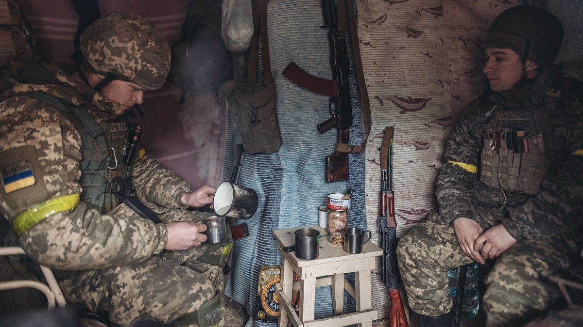 Ukrainian soldiers camp supplies