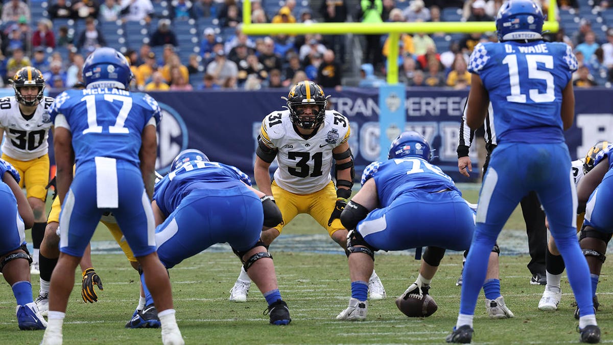 Jack Campbell before a snap in Iowa's bowl game