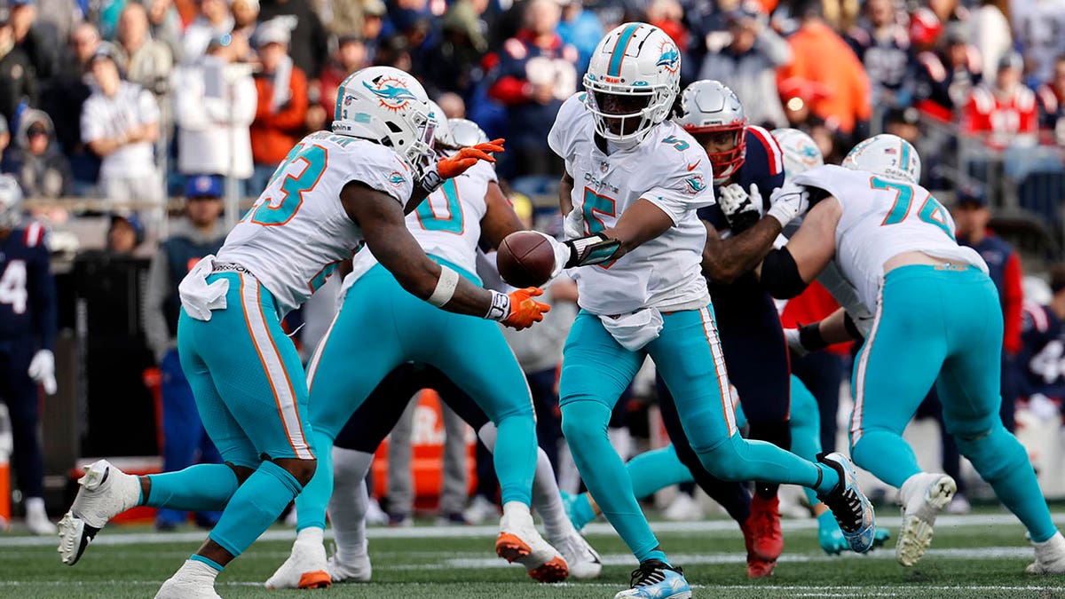 Teddy Bridgewater hands the ball off during a game against the Patriots