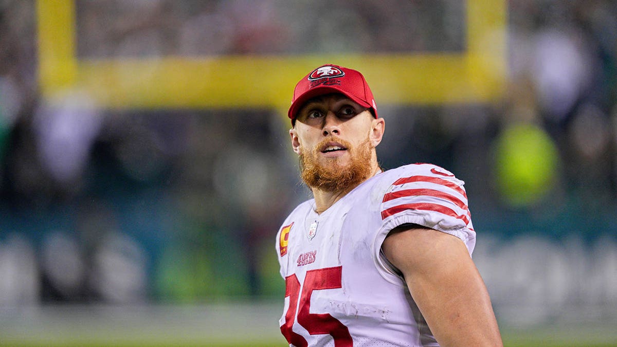 George Kittle looks on during the NFC Championship game