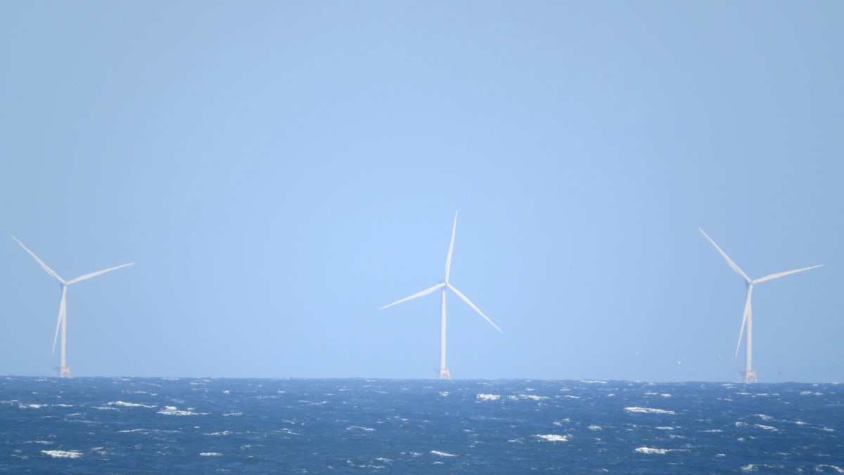 A wind farm is pictured off the coast from Montauk, New York, on April 16, 2021.