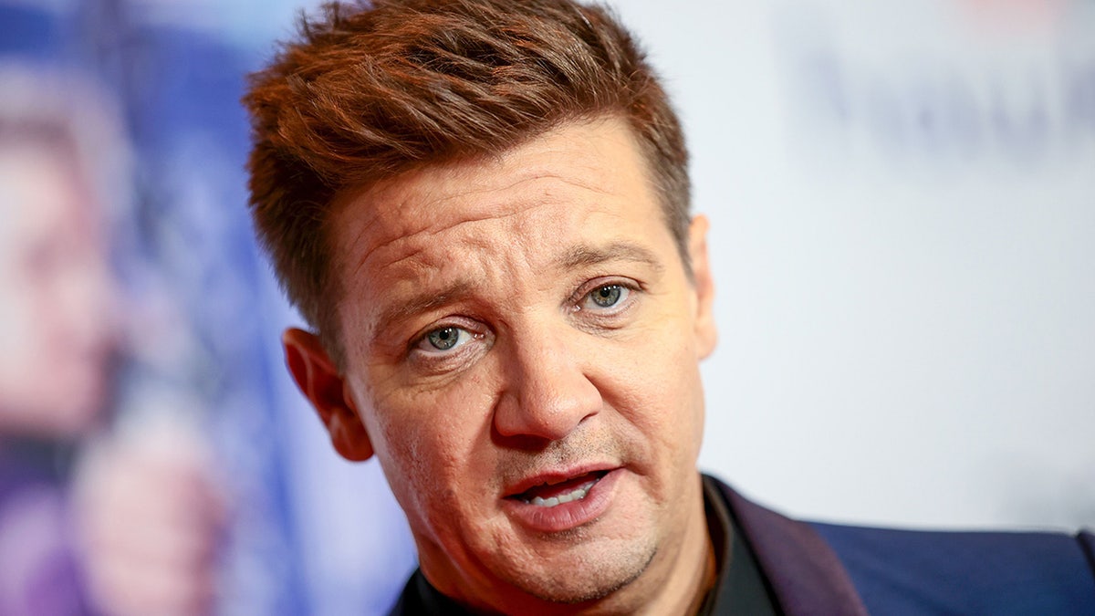 Jeremy Renner with his mouth slightly ajar, closeup of his face, at the "Hawkeye" Special Screening in New York City