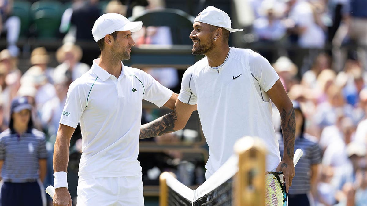 Novak Djokovic and Nick Kyrgios greet one another before the men's final at Wimbledon