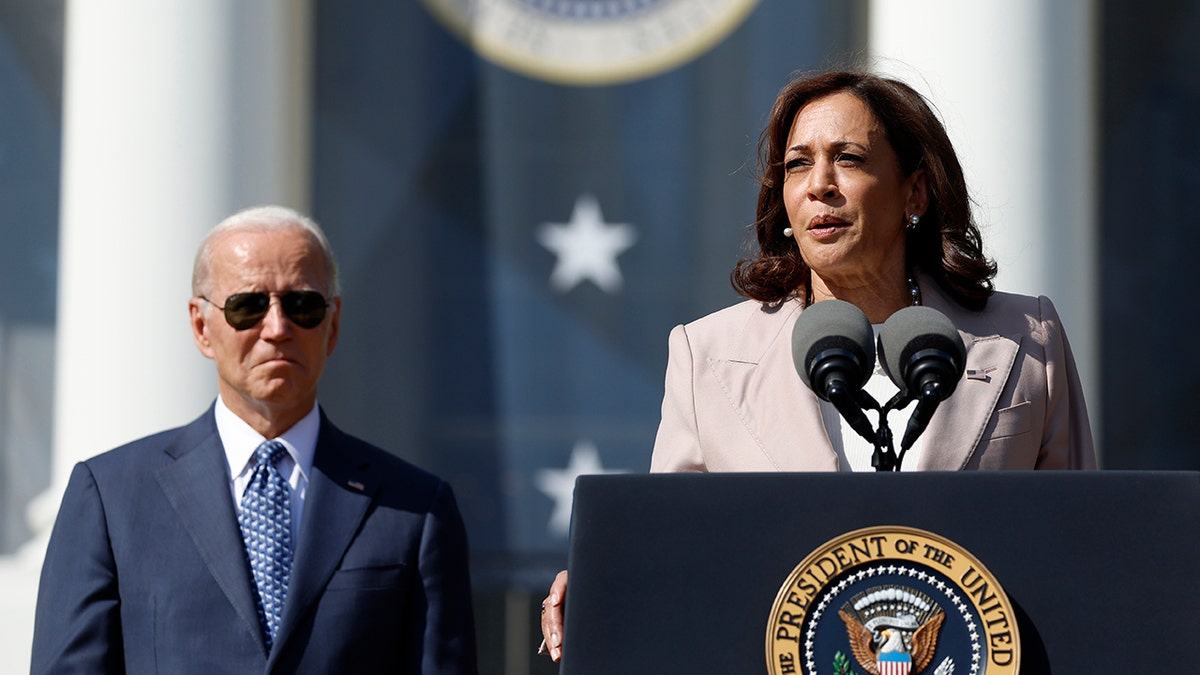Vice President Kamala Harris gives remarks, alongside President Joe Biden, at an event celebrating the passage of the Inflation Reduction Act on the South Lawn of the White House on Sept. 13, 2022 in Washington, D.C.