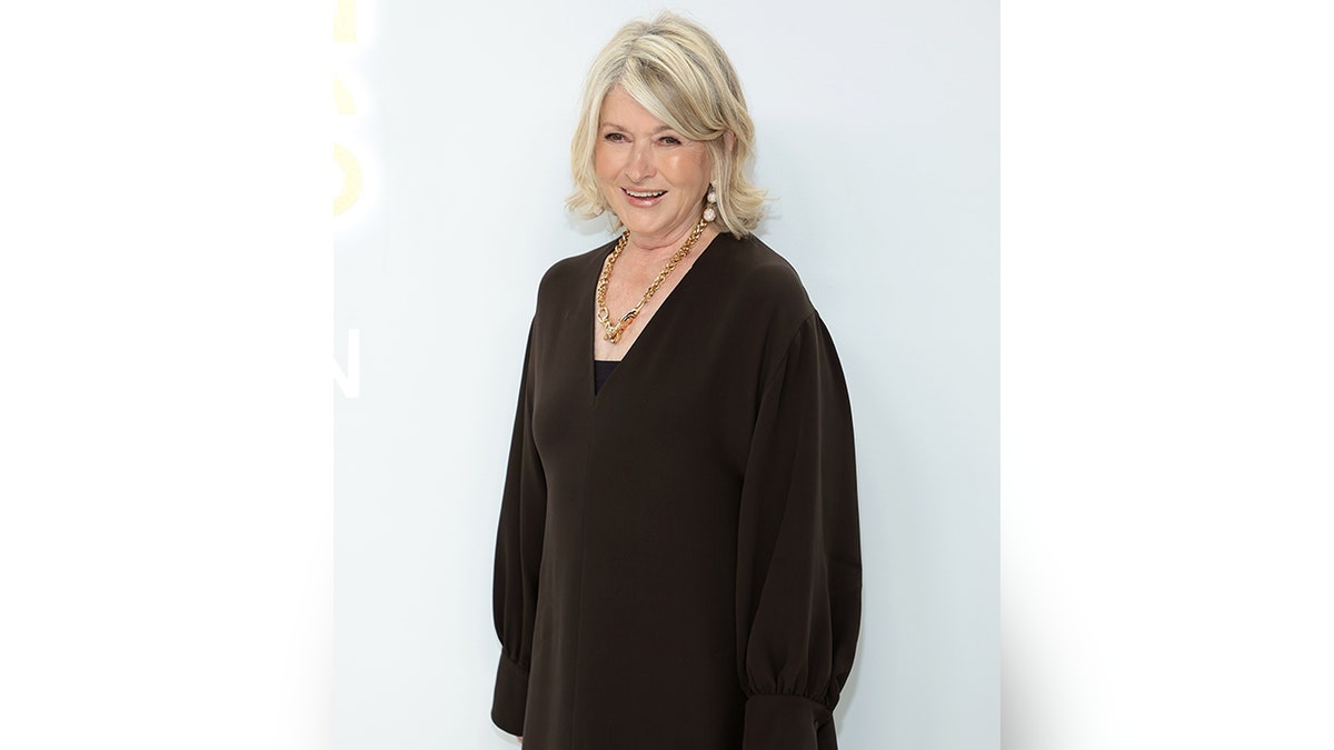 Martha Stewart smiles in a brown sweater and chain necklace at the CFDA Fashion Awards carpet