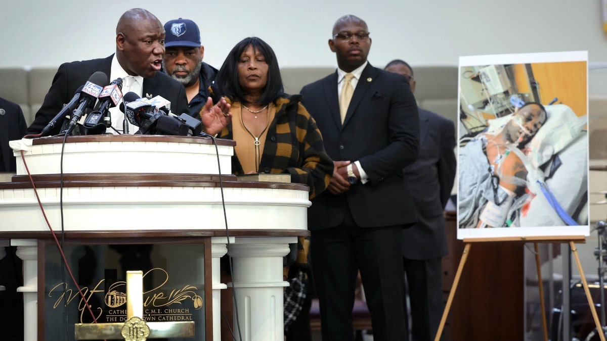 Flanked by the parents of Tyre Nichols and faith and community leaders, civil rights attorney Ben Crump speaks next to a photo of Nichols during a press conference on January 27, 2023 in Memphis, Tennessee.